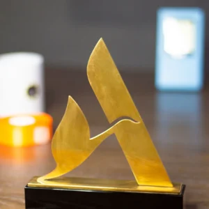 Bespoke Gold Metal Abstract Flame Trophy on Black Base