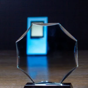 Faceted Octagonal Optical Crystal Award on Black Pedestal