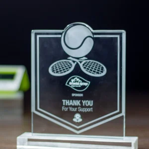Shield Glass Sports Plaque with Tennis Recognition Etching