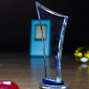 Slanted Crystal Obelisk Award with Sapphire Blue Inset Base
