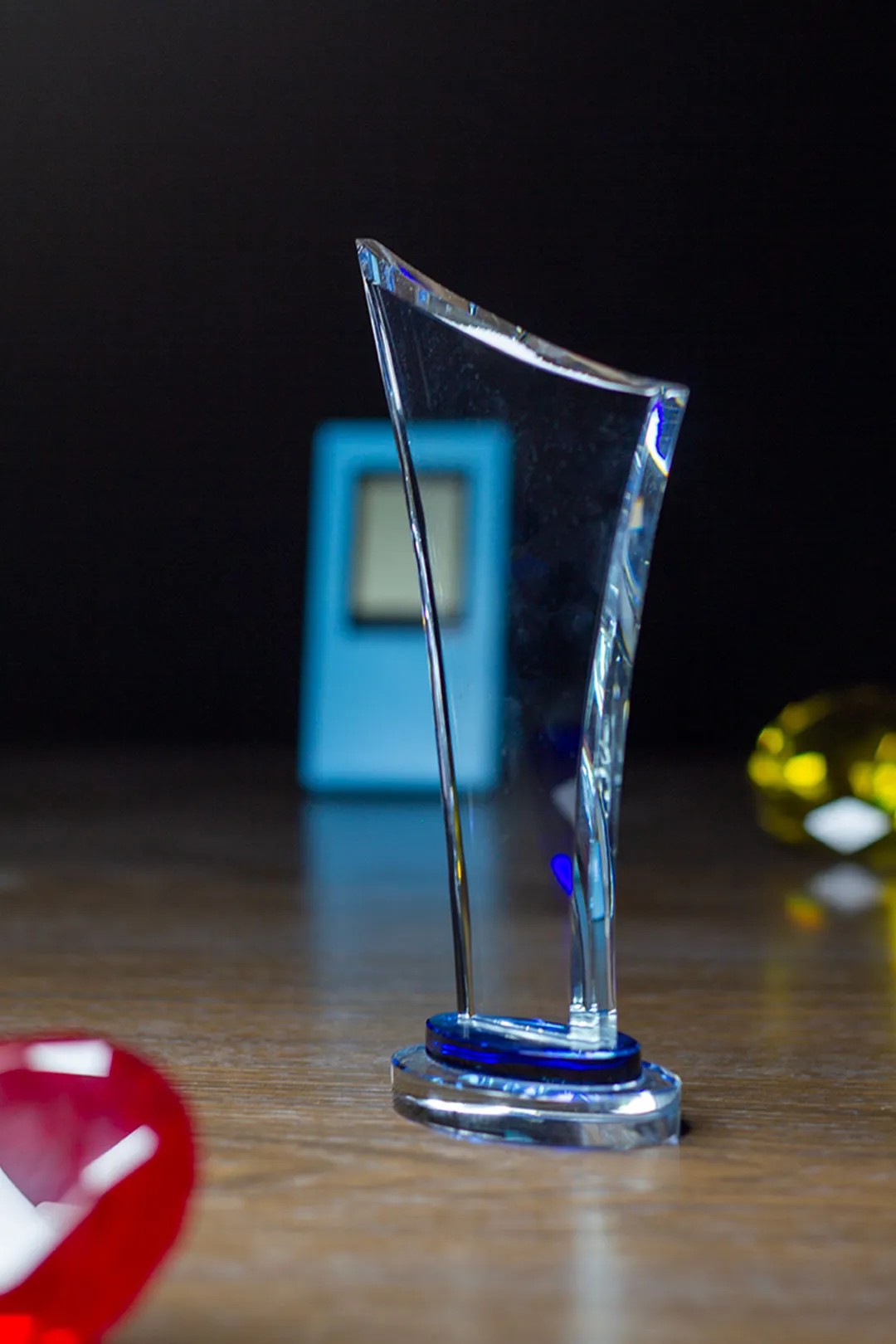 Slanted Crystal Obelisk Award with Sapphire Blue Inset Base