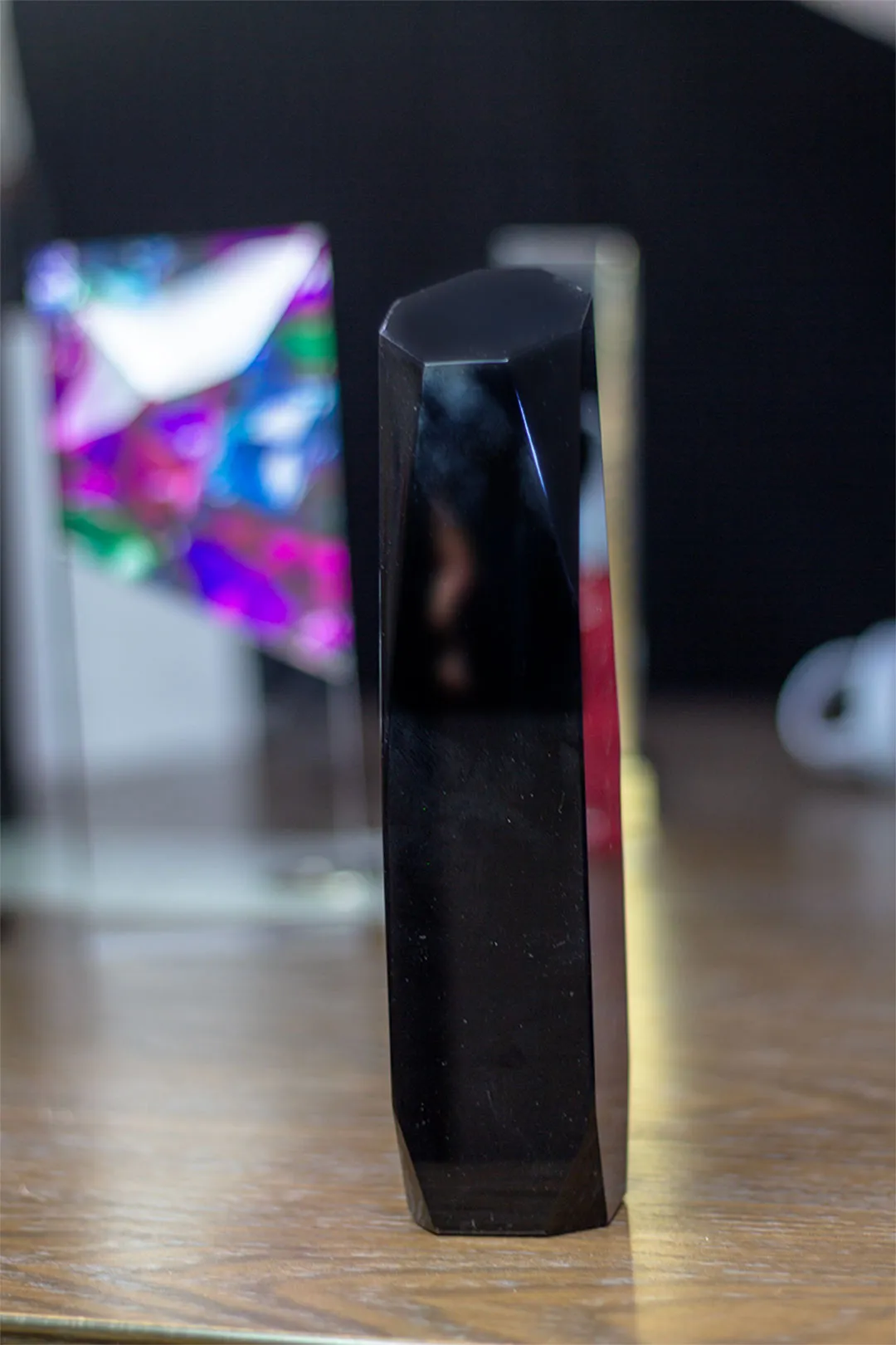 Premium Tall Black Crystal Monolith with Geometric Facets