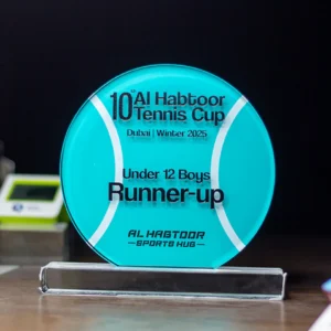 Teal Circular Glass Tennis Award with Clear Pedestal Base