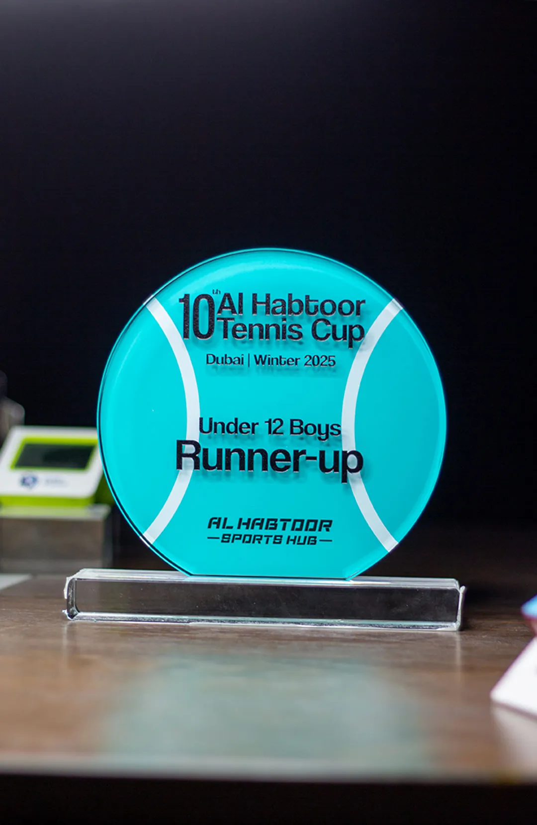 Teal Circular Glass Tennis Award with Clear Pedestal Base