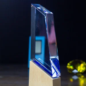 Fusion Crystal Wedge Award with Blue Accent and Wooden Base