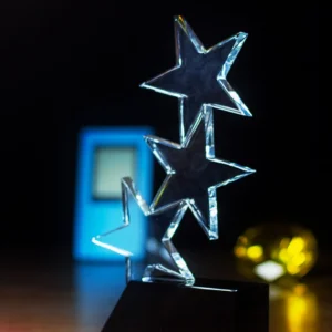 Three-Star Clear Crystal Plaque on Beveled Black Wedge Base