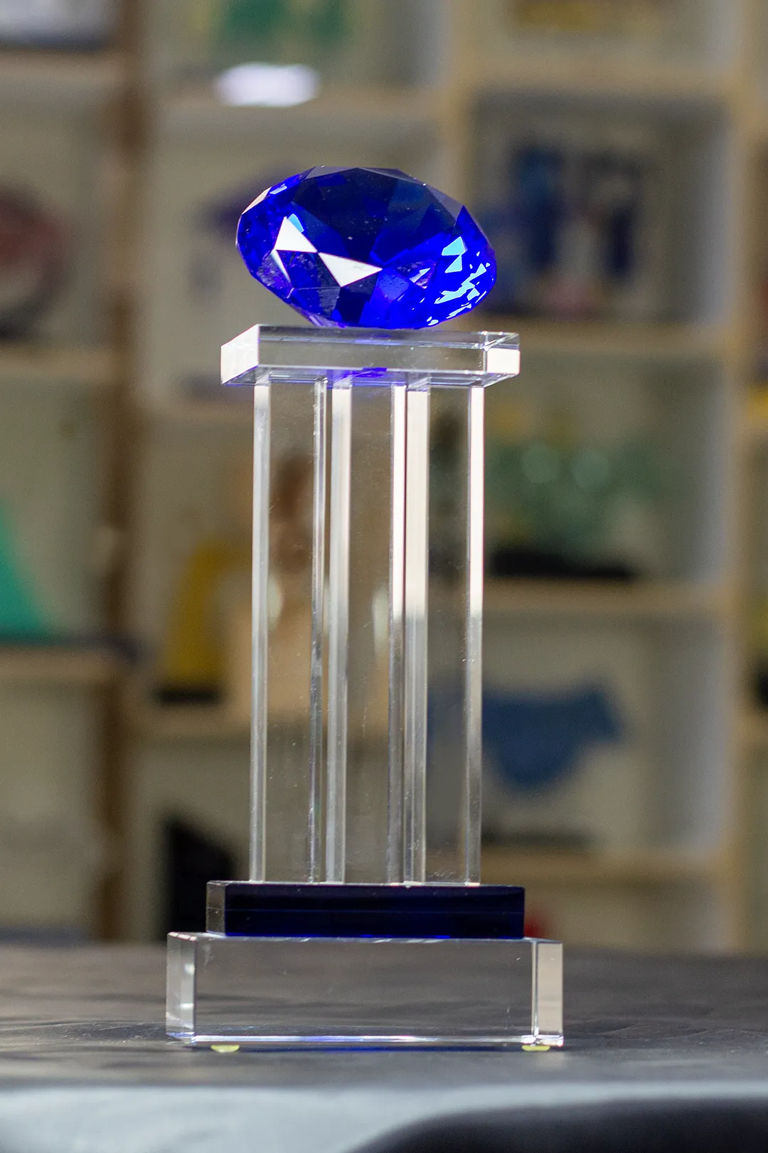 Cobalt Blue Diamond Pillar Crystal Trophy