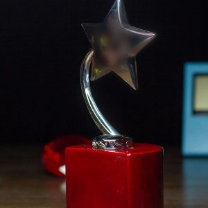 Polished Gold Rising Star Trophy on Crimson Wood Base