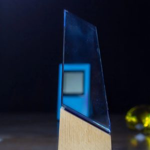 Fusion Crystal Wedge Award with Blue Accent and Wooden Base